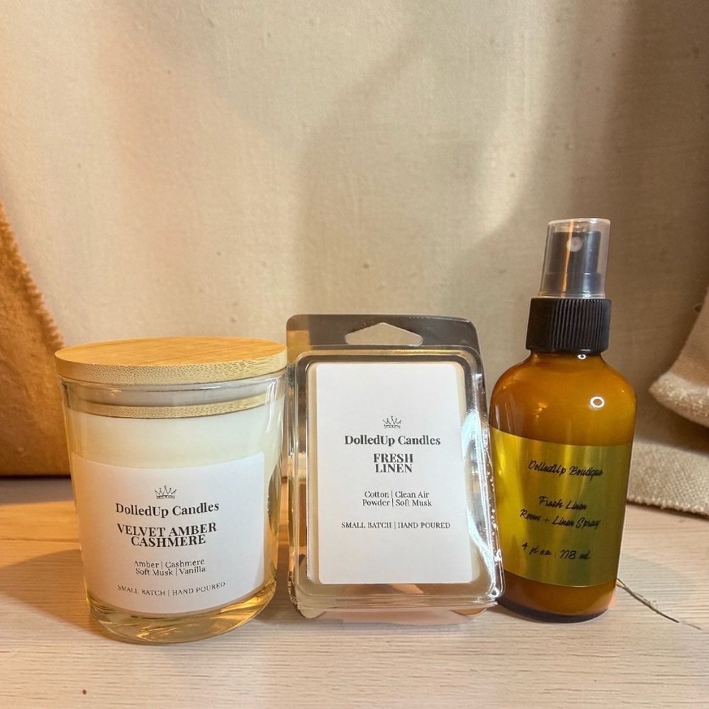 Soft Reset Sanctuary Set - Amber Cashmere Candle, Linen Melts & Linen Spray